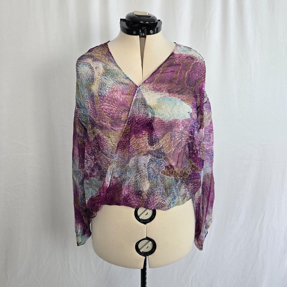 Kaya Di Koko Abstract Blouse Women's XS Purple Multi-Color Sheer Silk NWT